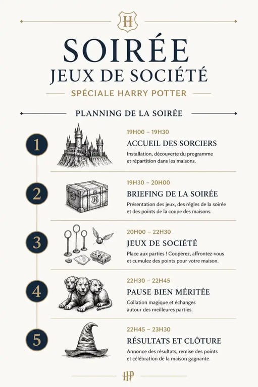 Infographie du planning pour organiser une soirée jeux de société sur le thème Harry Potter